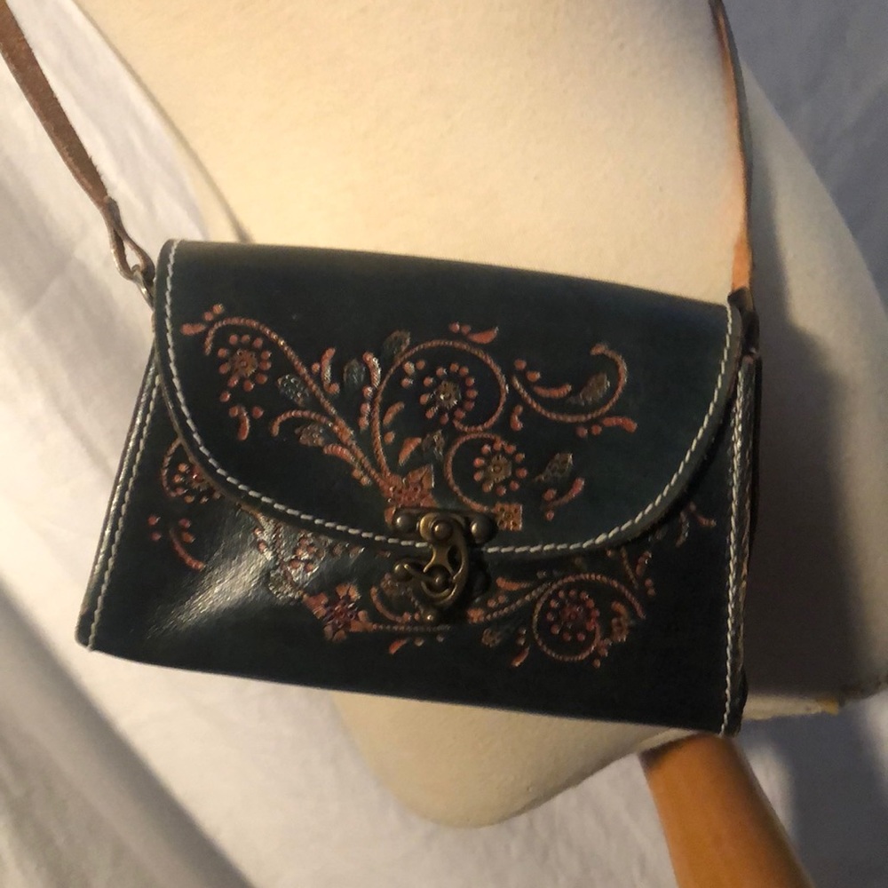 Vintage tooled all leather shoulder bag